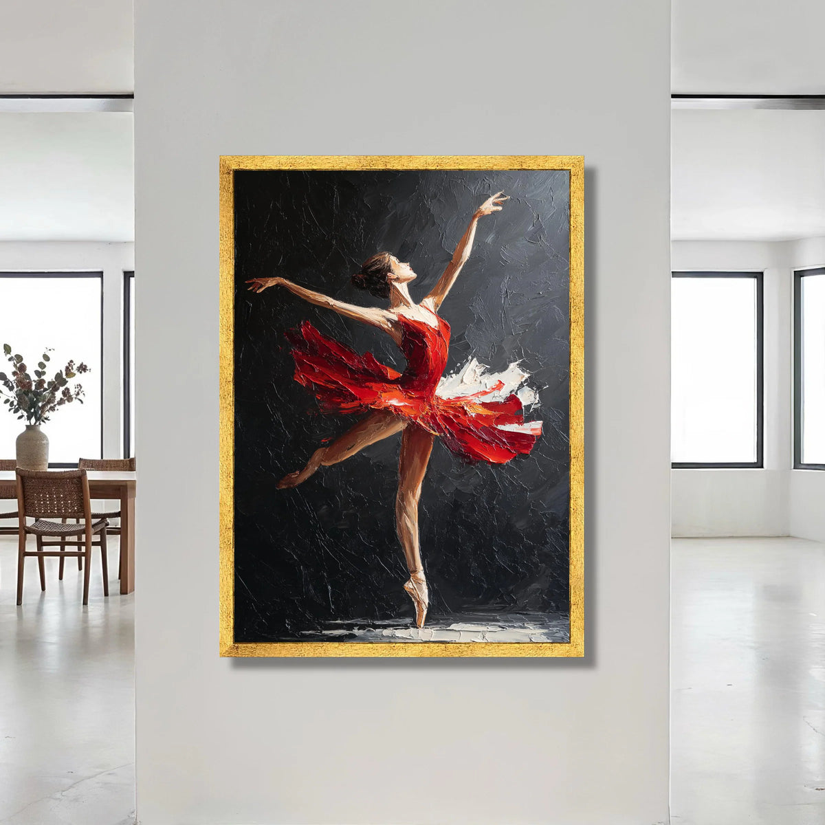 Elegant Ballet Dancer Red Dress Canvas, Modern Figurative Wall Art, Dance Performance Canvas, Graceful Ballet Pose Home Canvas Print Art