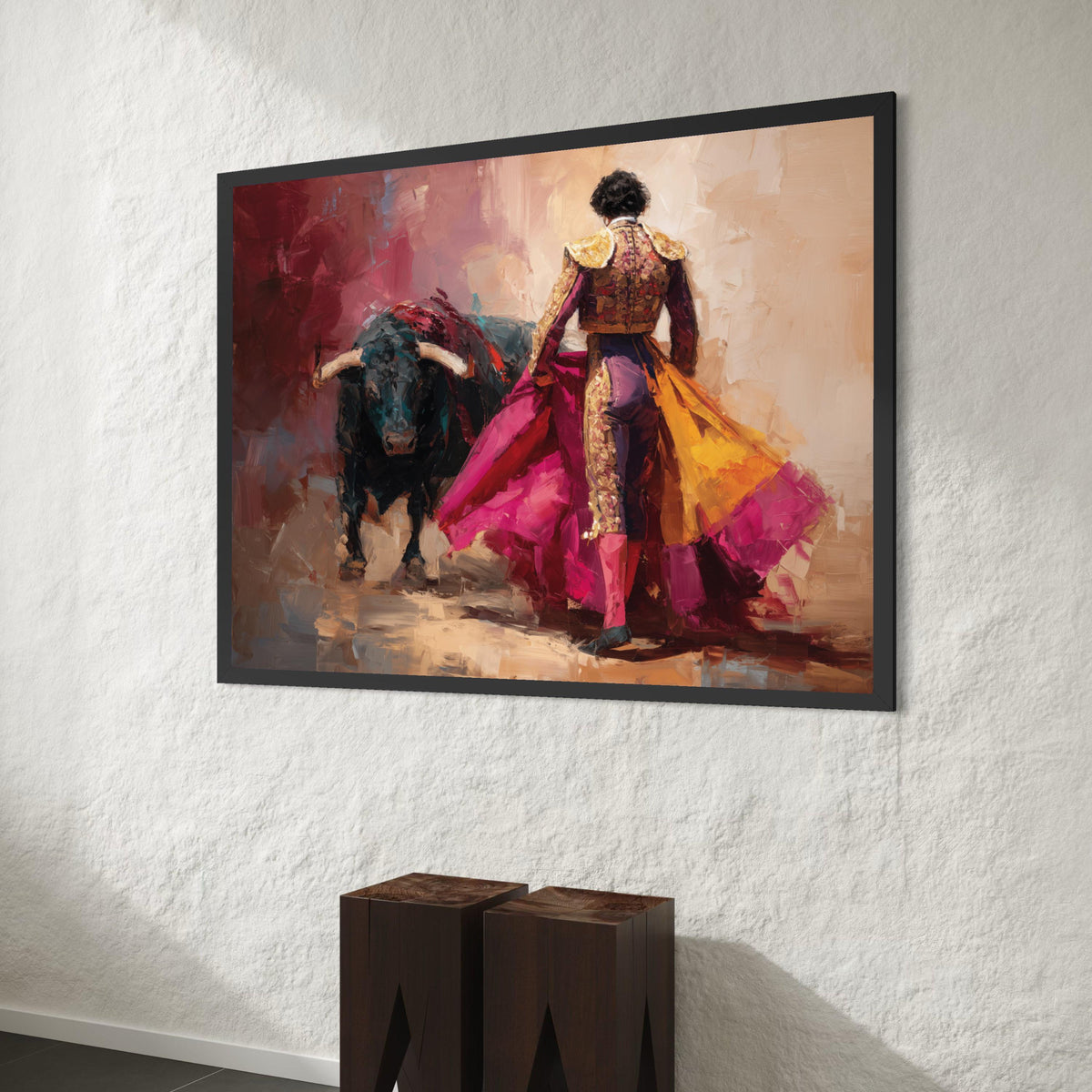 Bullfighter Action Canvas, Spanish Matador Wall Art, Vibrant Bullfight Scene, Colorful Cultural Canvas, Traditional Fiesta Canvas Print Art