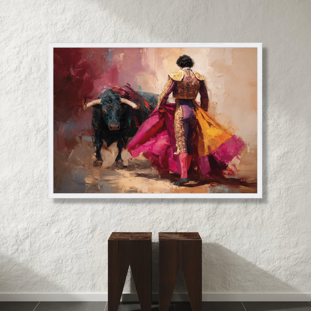 Bullfighter Action Canvas, Spanish Matador Wall Art, Vibrant Bullfight Scene, Colorful Cultural Canvas, Traditional Fiesta Canvas Print Art