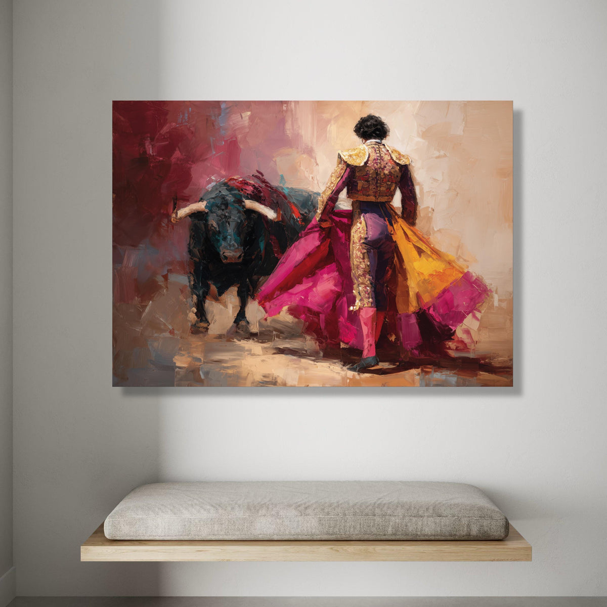 Bullfighter Action Canvas, Spanish Matador Wall Art, Vibrant Bullfight Scene, Colorful Cultural Canvas, Traditional Fiesta Canvas Print Art