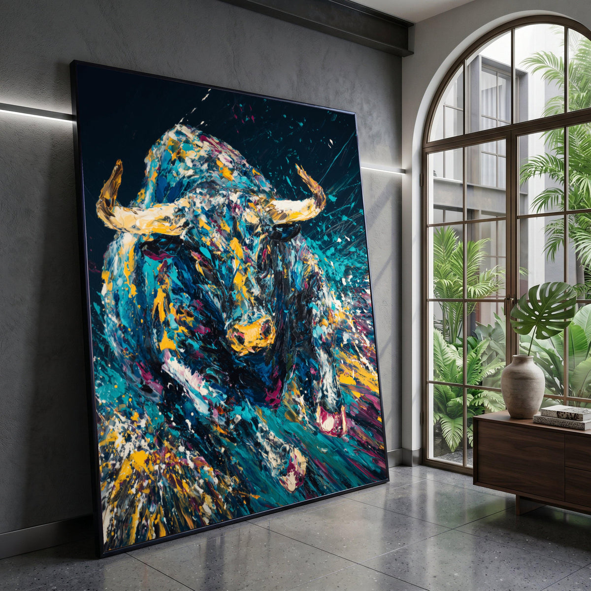 Dynamic Running Bull Canvas Wall Art, Colorful Abstract Animal Painting, Modern Wildlife Canvas, Vibrant Home Decoration Canvas Print Art