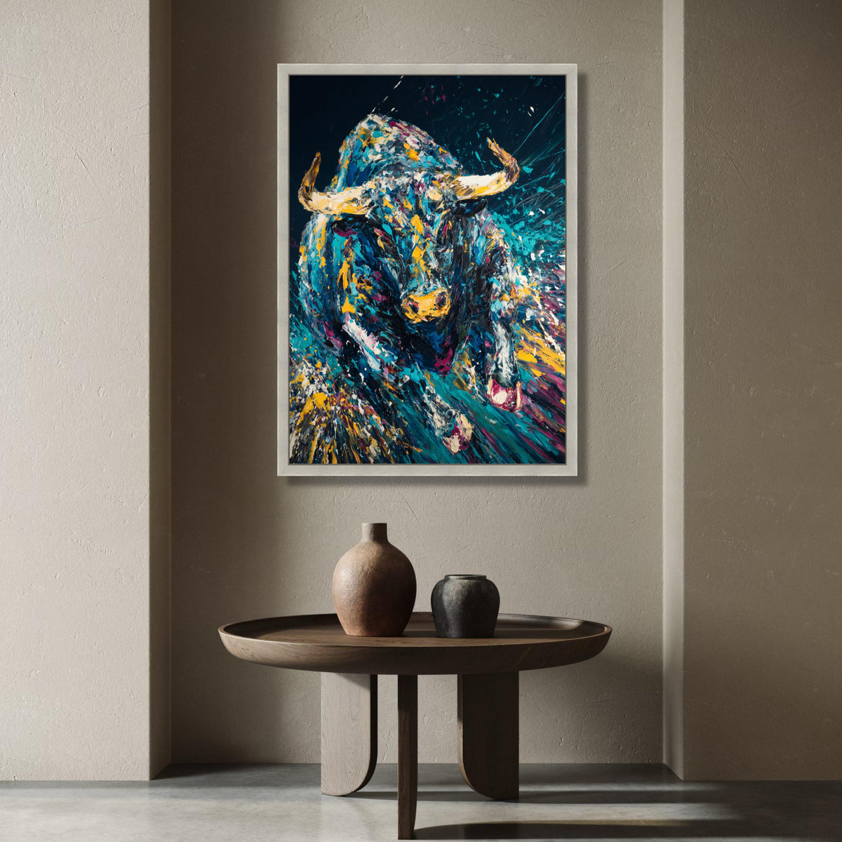 Dynamic Running Bull Canvas Wall Art, Colorful Abstract Animal Painting, Modern Wildlife Canvas, Vibrant Home Decoration Canvas Print Art
