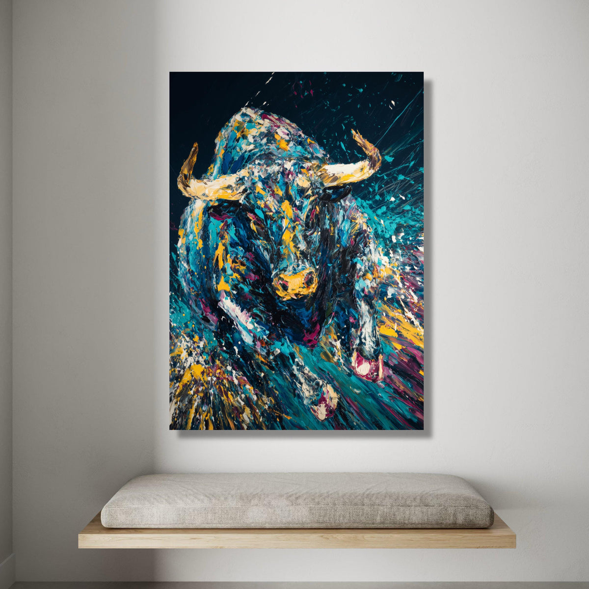 Dynamic Running Bull Canvas Wall Art, Colorful Abstract Animal Painting, Modern Wildlife Canvas, Vibrant Home Decoration Canvas Print Art