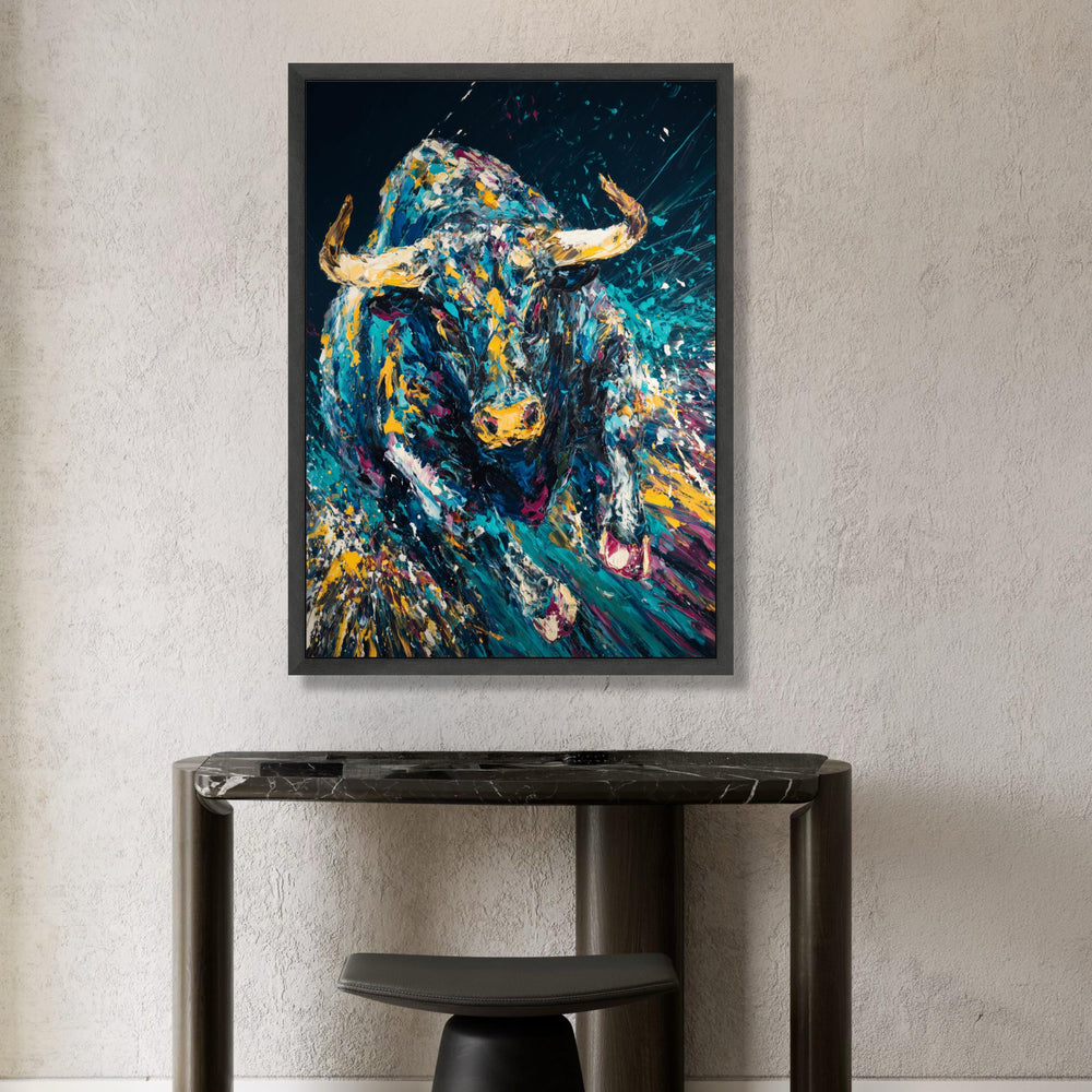 Dynamic Running Bull Canvas Wall Art, Colorful Abstract Animal Painting, Modern Wildlife Canvas, Vibrant Home Decoration Canvas Print Art