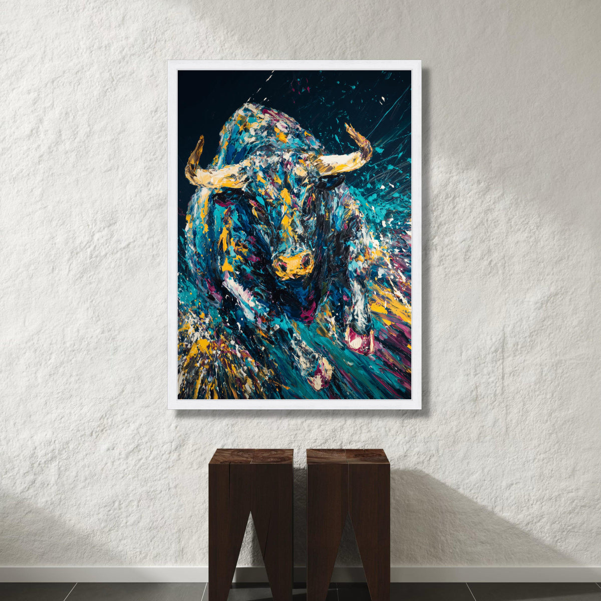 Dynamic Running Bull Canvas Wall Art, Colorful Abstract Animal Painting, Modern Wildlife Canvas, Vibrant Home Decoration Canvas Print Art