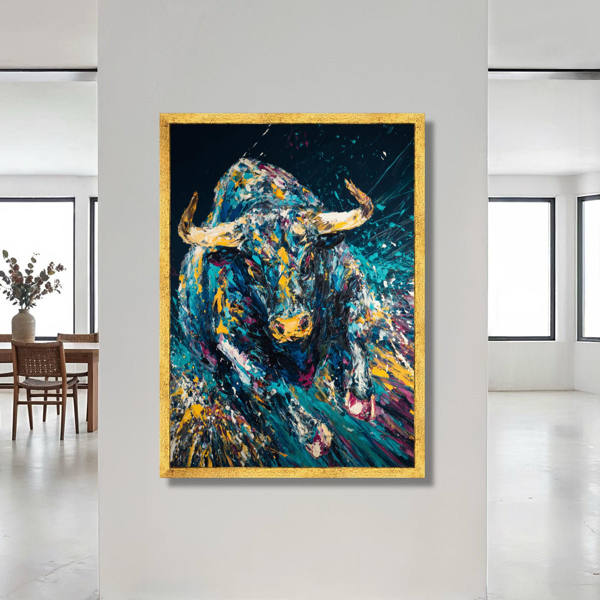 Dynamic Running Bull Canvas Wall Art, Colorful Abstract Animal Painting, Modern Wildlife Canvas, Vibrant Home Decoration Canvas Print Art