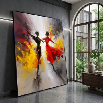 Dynamic Dance Duo Canvas, Abstract Movement Art, Colorful Wall Decor, Red and Yellow Swirl Canvas, Modern Home Decoration Canvas Print Art