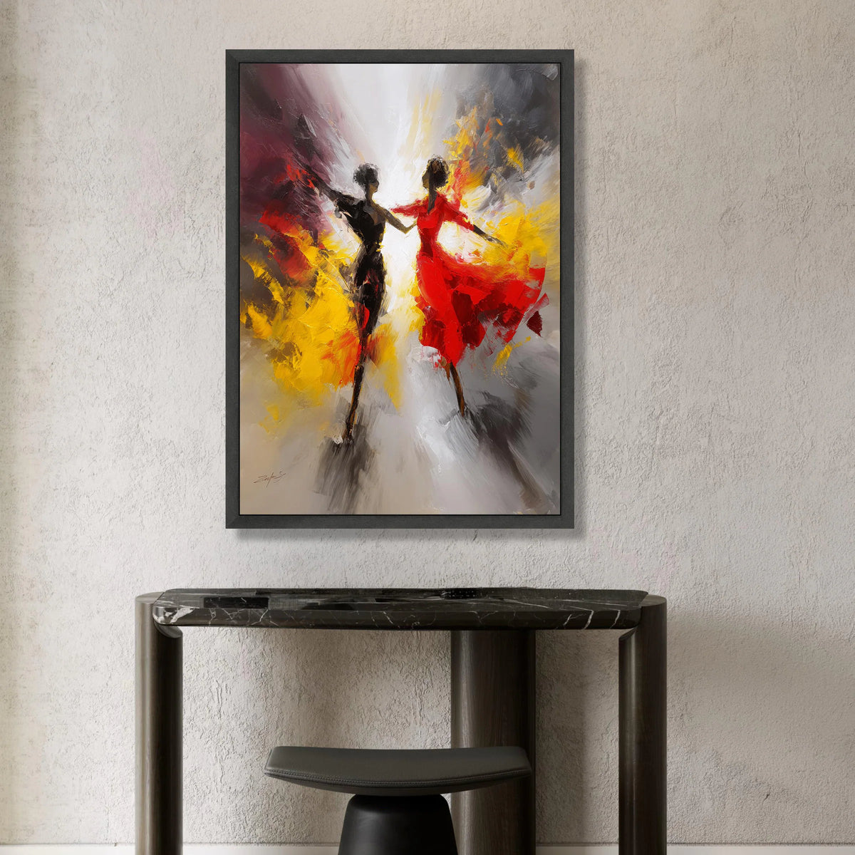 Dynamic Dance Duo Canvas, Abstract Movement Art, Colorful Wall Decor, Red and Yellow Swirl Canvas, Modern Home Decoration Canvas Print Art