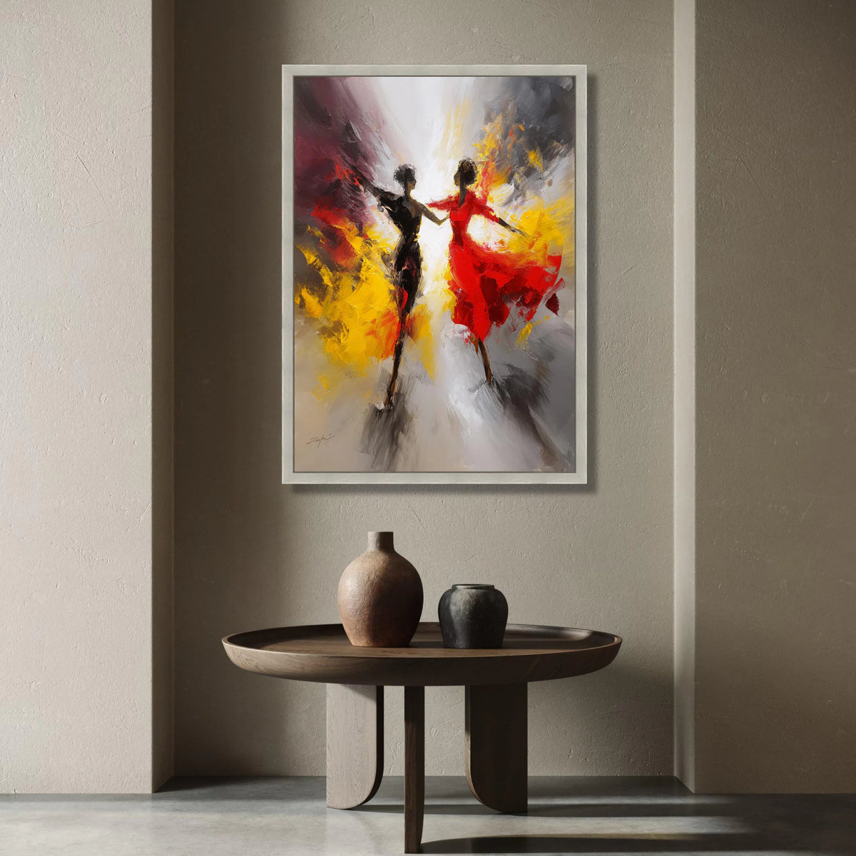 Dynamic Dance Duo Canvas, Abstract Movement Art, Colorful Wall Decor, Red and Yellow Swirl Canvas, Modern Home Decoration Canvas Print Art