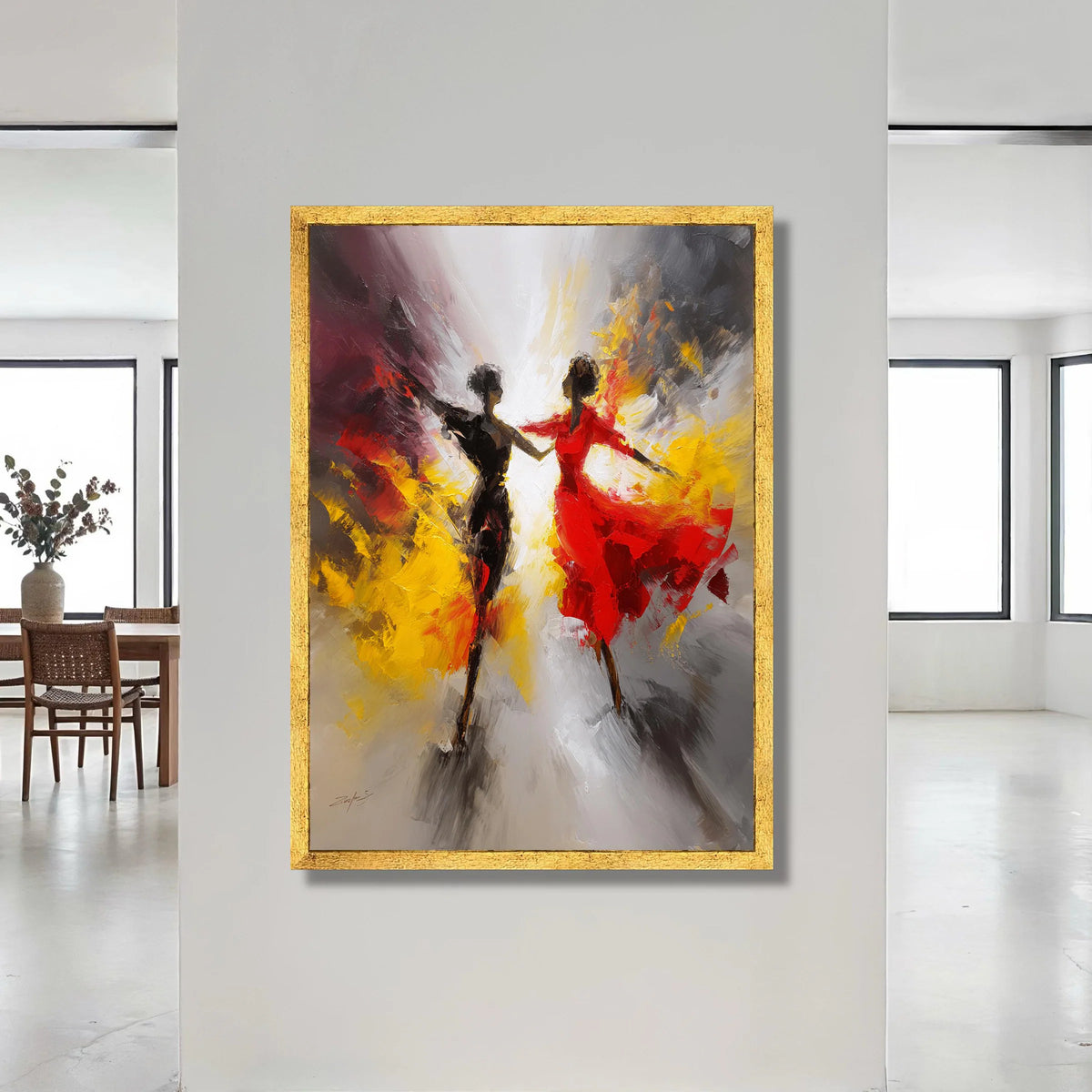 Dynamic Dance Duo Canvas, Abstract Movement Art, Colorful Wall Decor, Red and Yellow Swirl Canvas, Modern Home Decoration Canvas Print Art