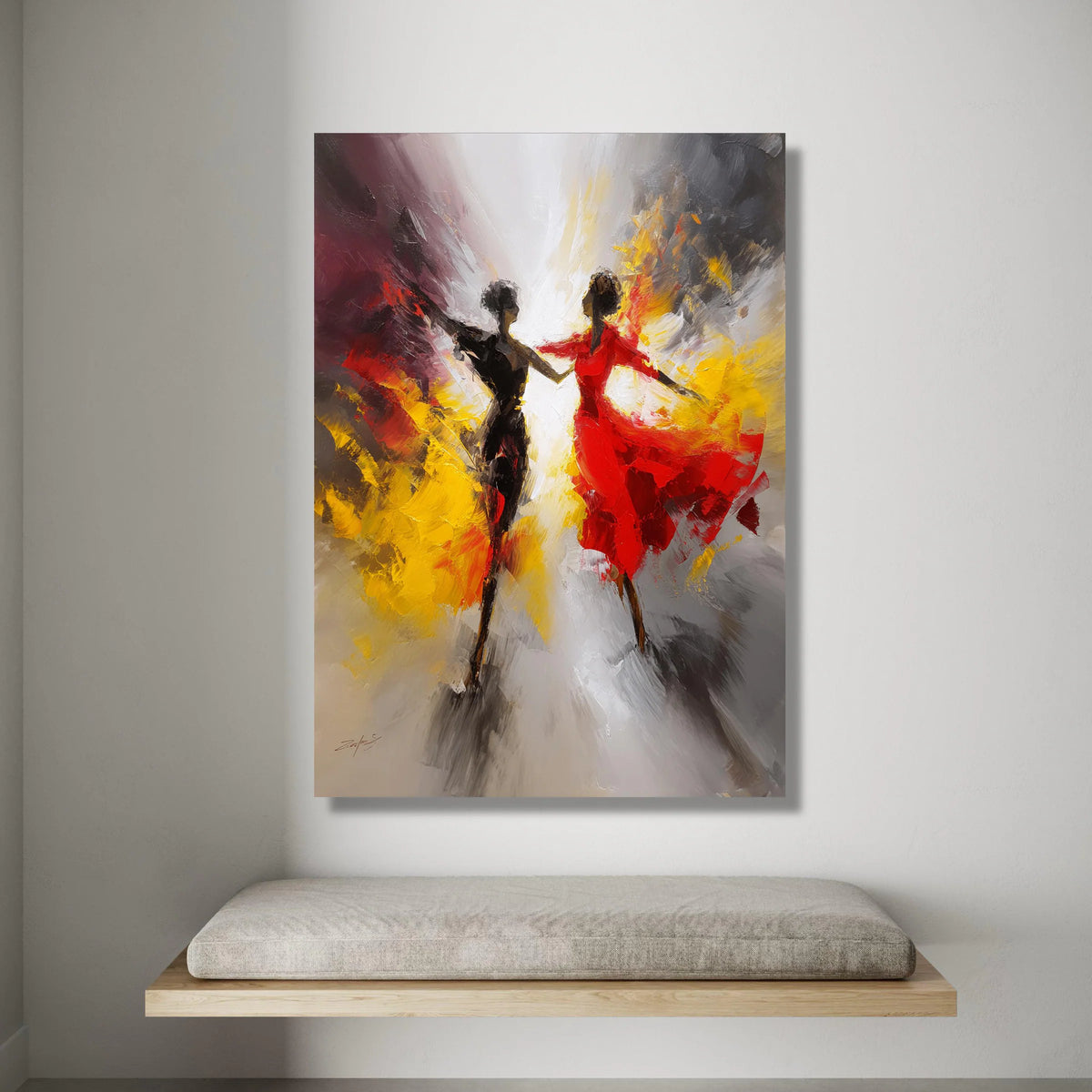 Dynamic Dance Duo Canvas, Abstract Movement Art, Colorful Wall Decor, Red and Yellow Swirl Canvas, Modern Home Decoration Canvas Print Art