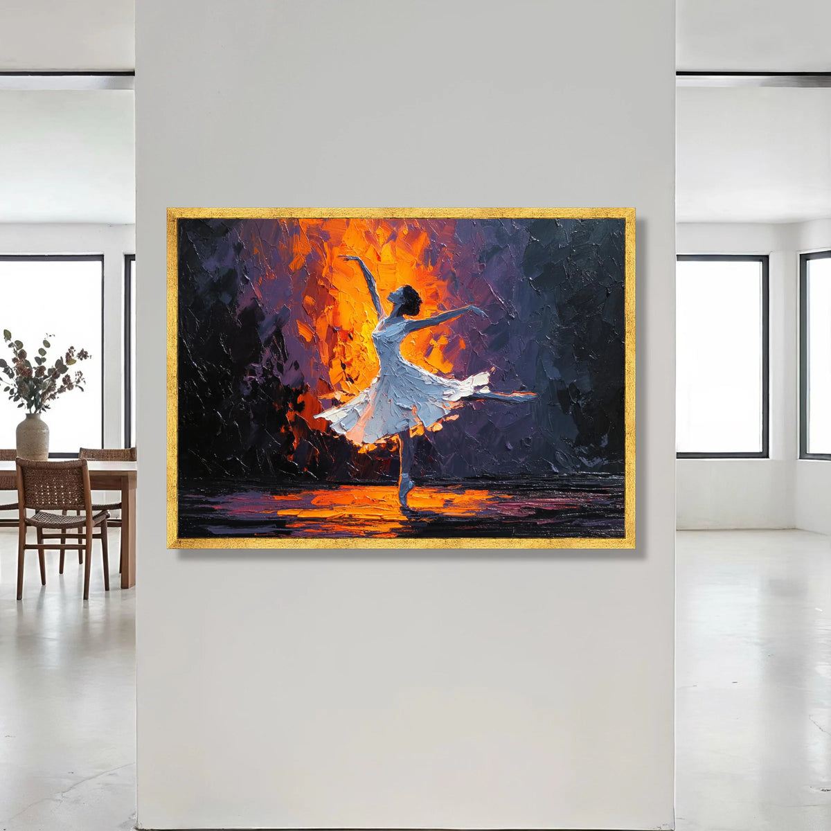 Graceful Ballet Dancer Canvas, Contemporary Dance Art, Warm Glow Lighting, Elegant Movement Wall Decor, Modern Figurative Canvas Print Art