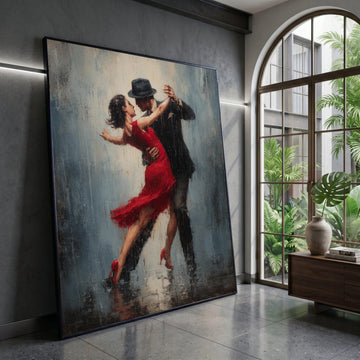 Passionate Tango Dance Couple, Elegant Red Dress Canvas, Romantic Ballroom Art, Dance Movement Wall Decor, Modern Dance Canvas Print Art
