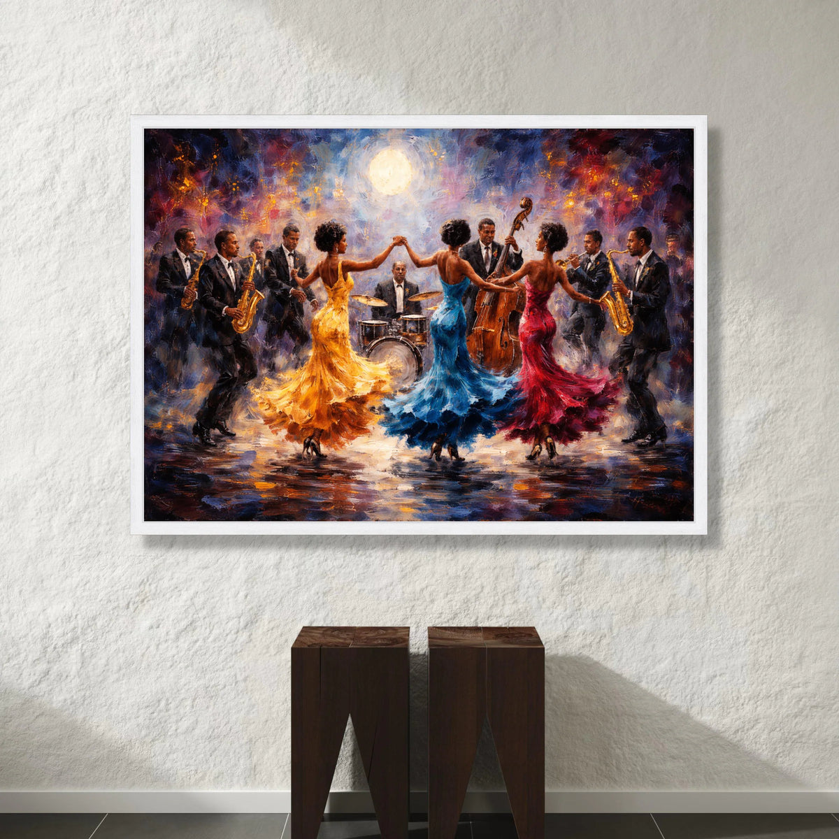 Vibrant Jazz Band Canvas, Elegant Dancing Trio Colorful Dresses, Live Music Scene Wall Art, Musical Celebration Canvas, Canvas Print Art