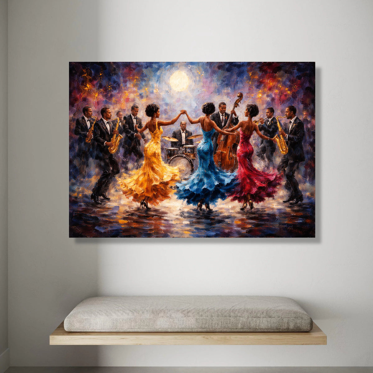 Vibrant Jazz Band Canvas, Elegant Dancing Trio Colorful Dresses, Live Music Scene Wall Art, Musical Celebration Canvas, Canvas Print Art