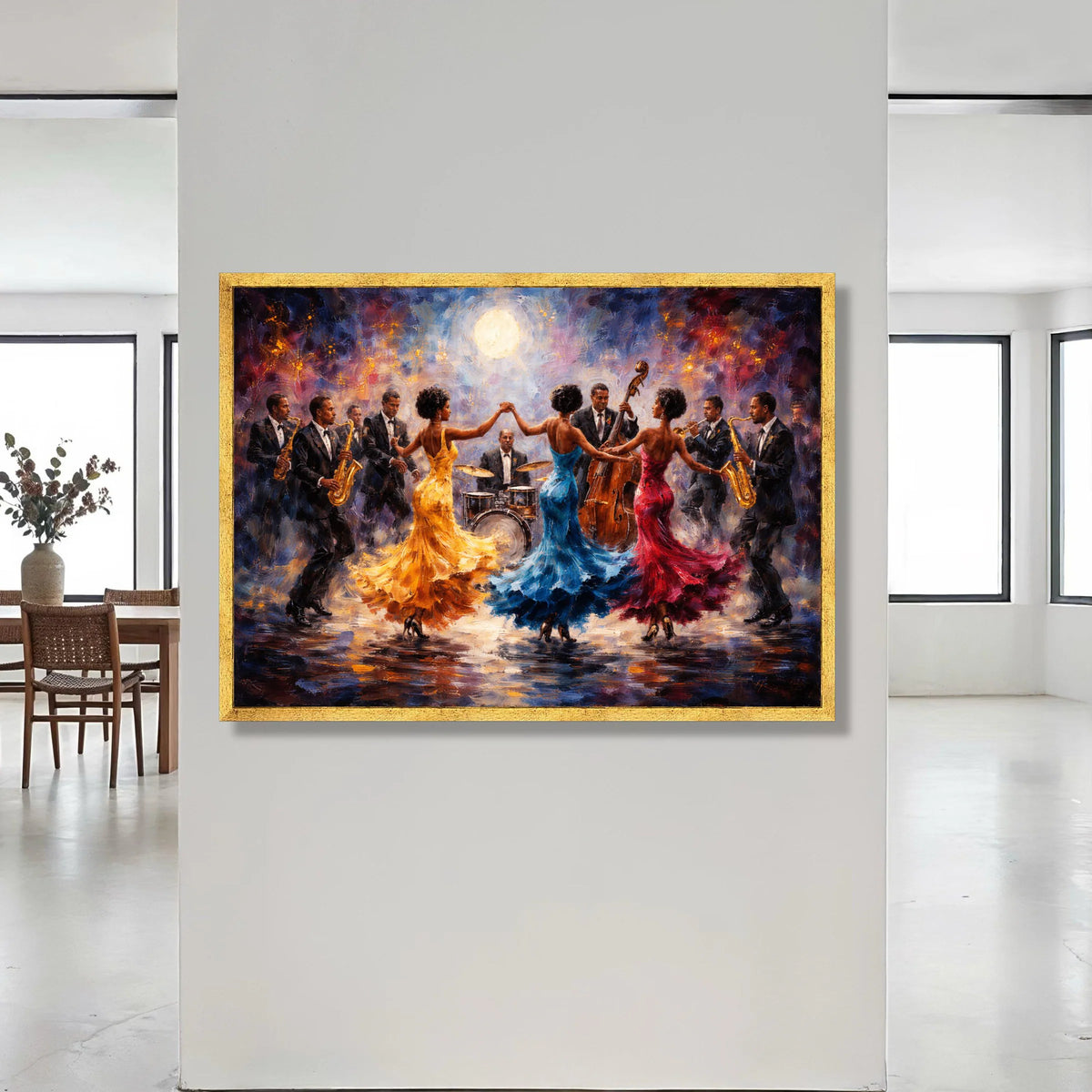 Vibrant Jazz Band Canvas, Elegant Dancing Trio Colorful Dresses, Live Music Scene Wall Art, Musical Celebration Canvas, Canvas Print Art