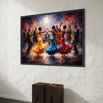 Vibrant Jazz Band Canvas, Elegant Dancing Trio Colorful Dresses, Live Music Scene Wall Art, Musical Celebration Canvas, Canvas Print Art