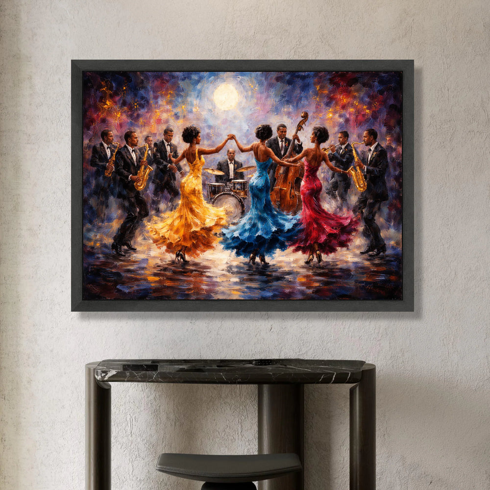 Vibrant Jazz Band Canvas, Elegant Dancing Trio Colorful Dresses, Live Music Scene Wall Art, Musical Celebration Canvas, Canvas Print Art