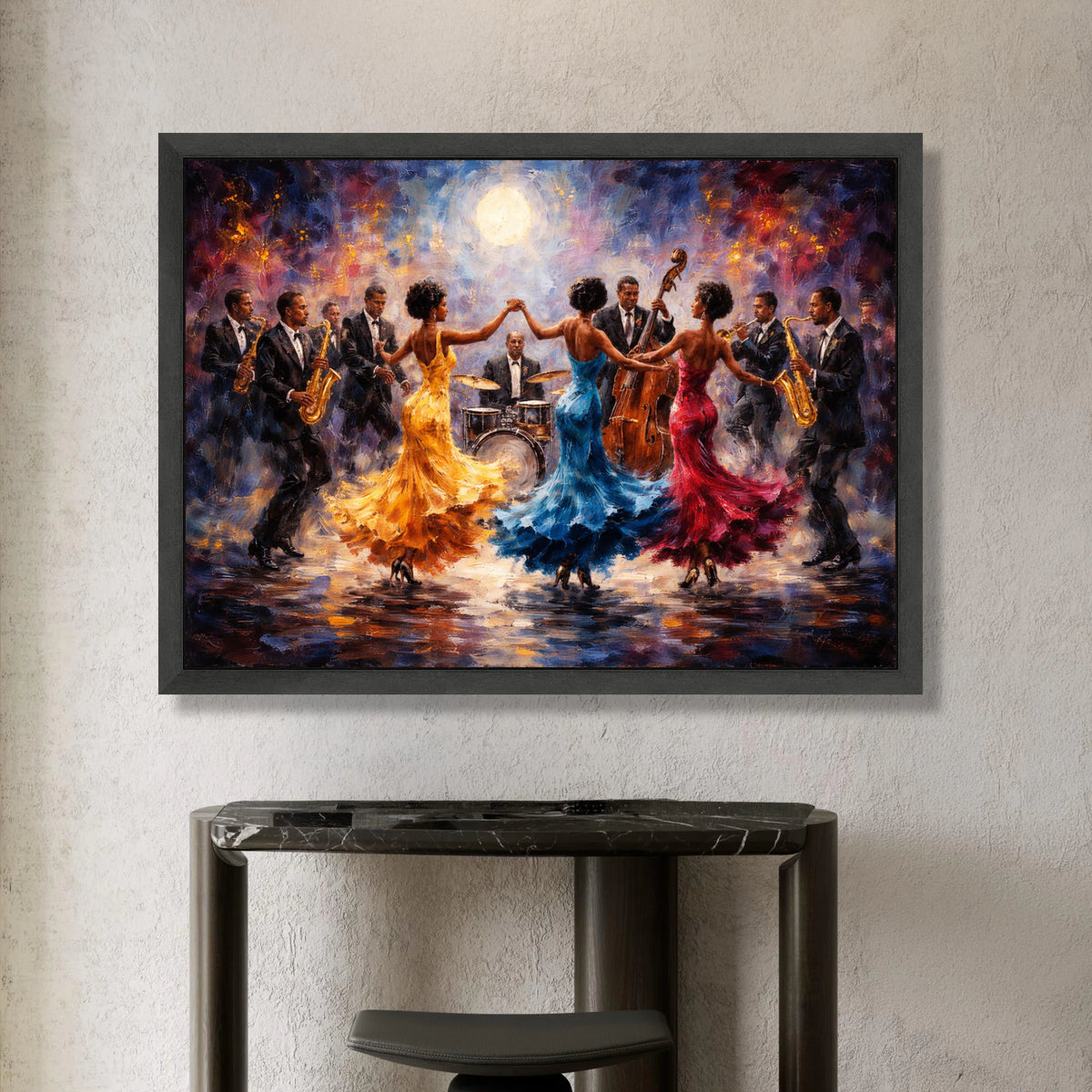 Vibrant Jazz Band Canvas, Elegant Dancing Trio Colorful Dresses, Live Music Scene Wall Art, Musical Celebration Canvas, Canvas Print Art