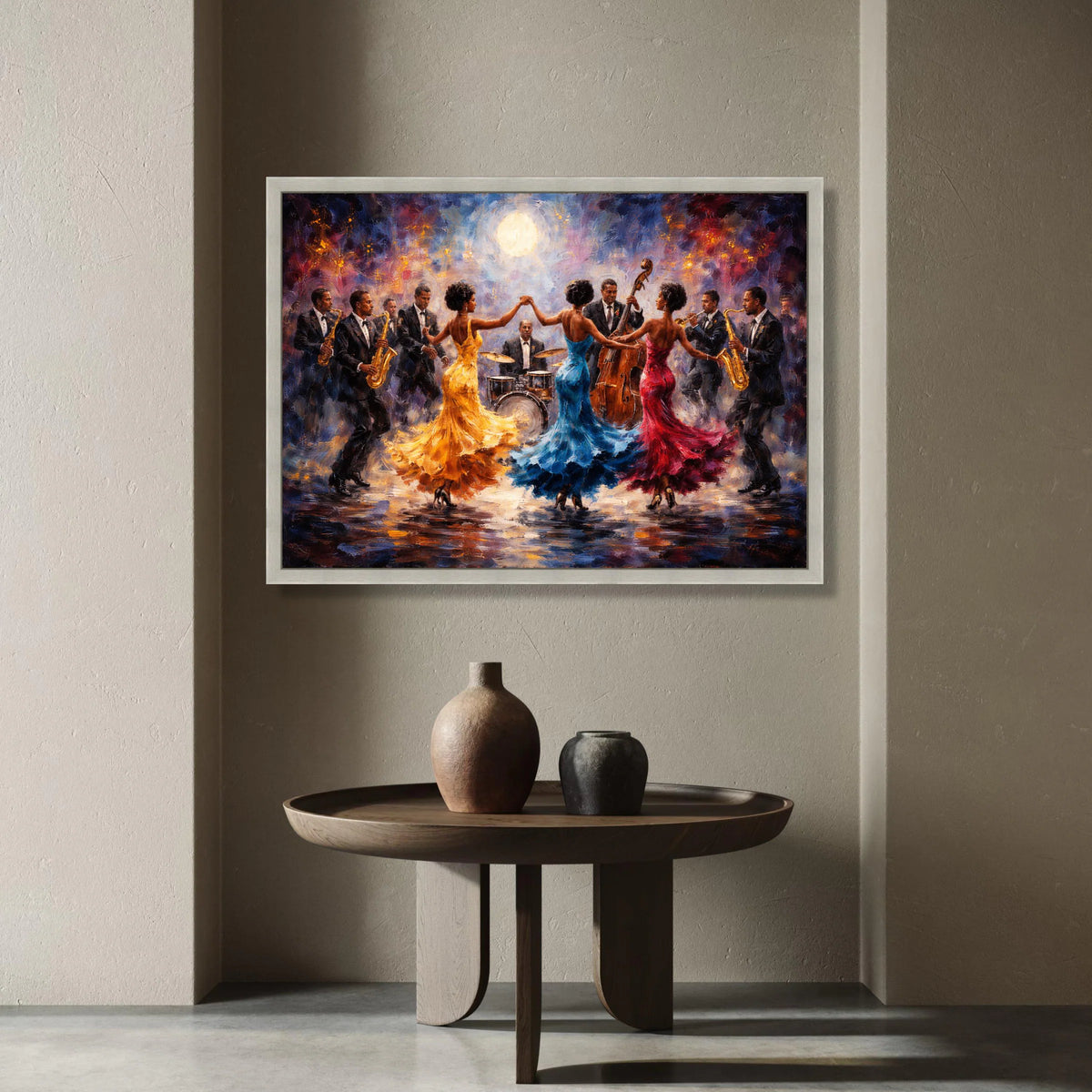 Vibrant Jazz Band Canvas, Elegant Dancing Trio Colorful Dresses, Live Music Scene Wall Art, Musical Celebration Canvas, Canvas Print Art