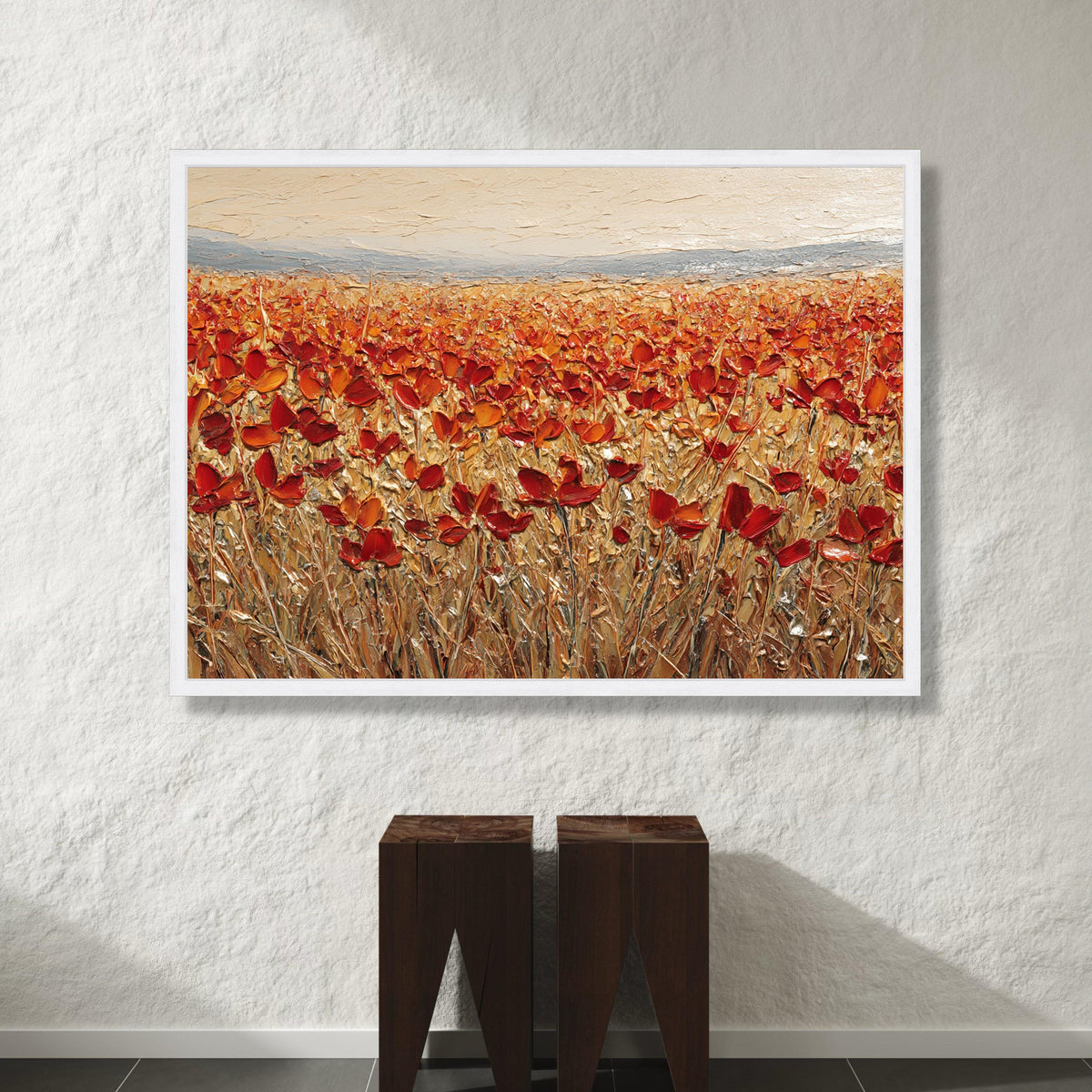 Vibrant Red Poppy Field Canvas, Autumn Floral Wall Art, Nature Landscape Canvas, Rustic Home Decoration, Ready to Hang Canvas Print Art