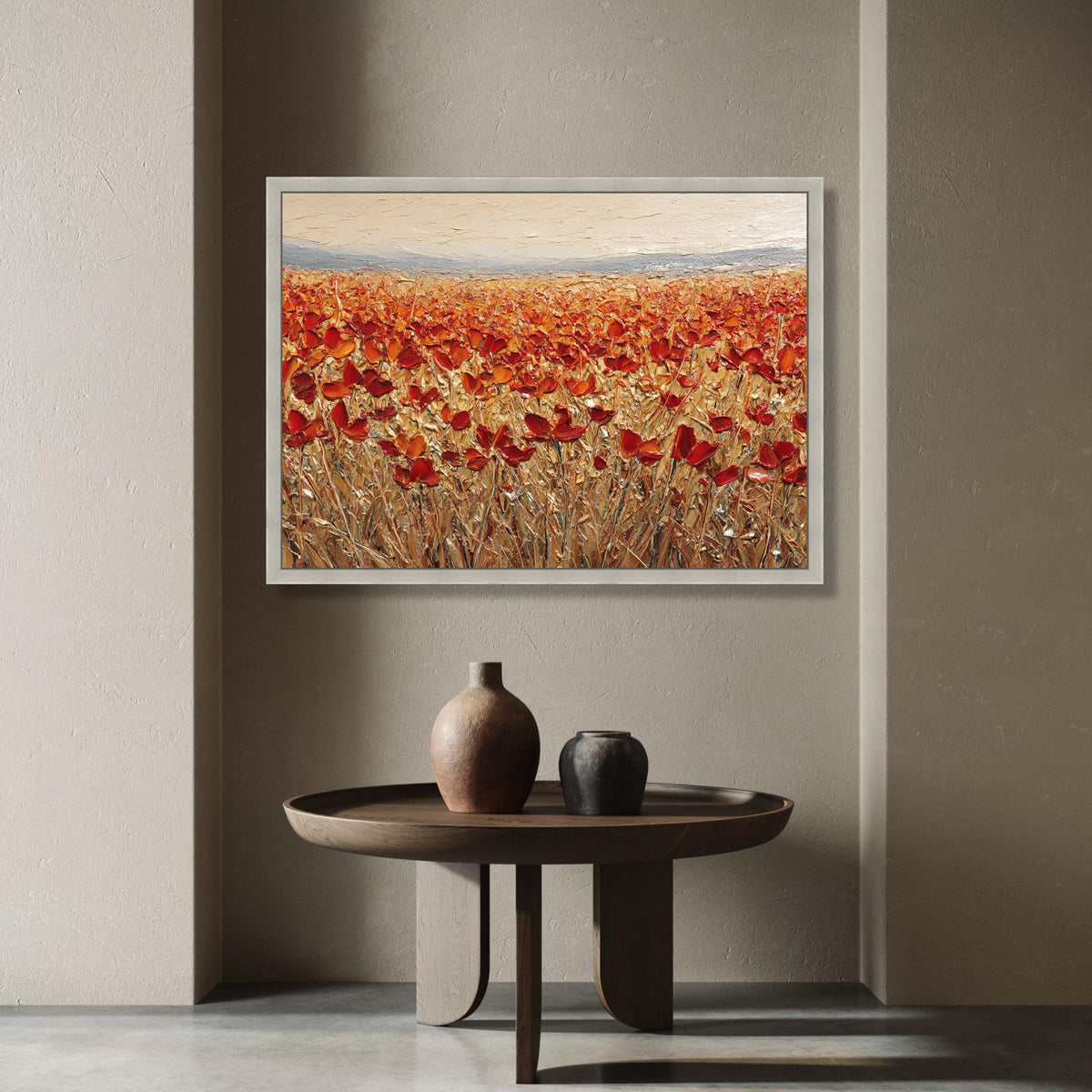 Vibrant Red Poppy Field Canvas, Autumn Floral Wall Art, Nature Landscape Canvas, Rustic Home Decoration, Ready to Hang Canvas Print Art