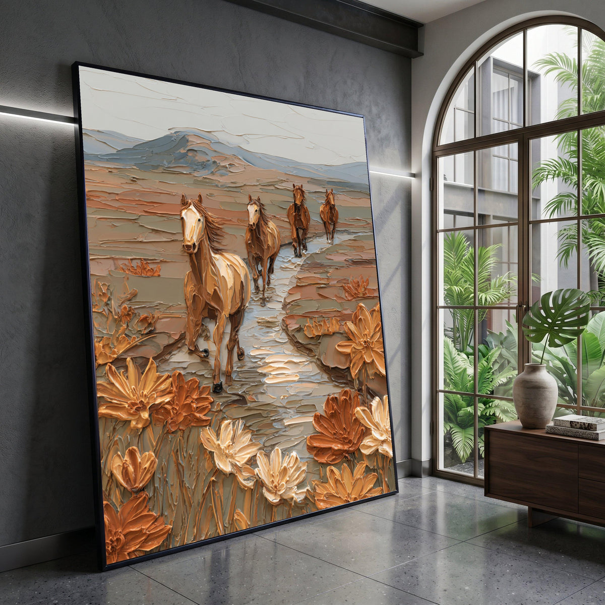 Wild Horses Running Canvas Wall Art, Desert Landscape Painting, Floral Nature Canvas, Western Rustic Home Decor, Ready to Canvas Print Art