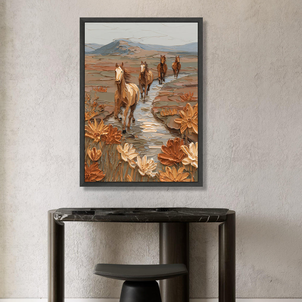 Wild Horses Running Canvas Wall Art, Desert Landscape Painting, Floral Nature Canvas, Western Rustic Home Decor, Ready to Canvas Print Art