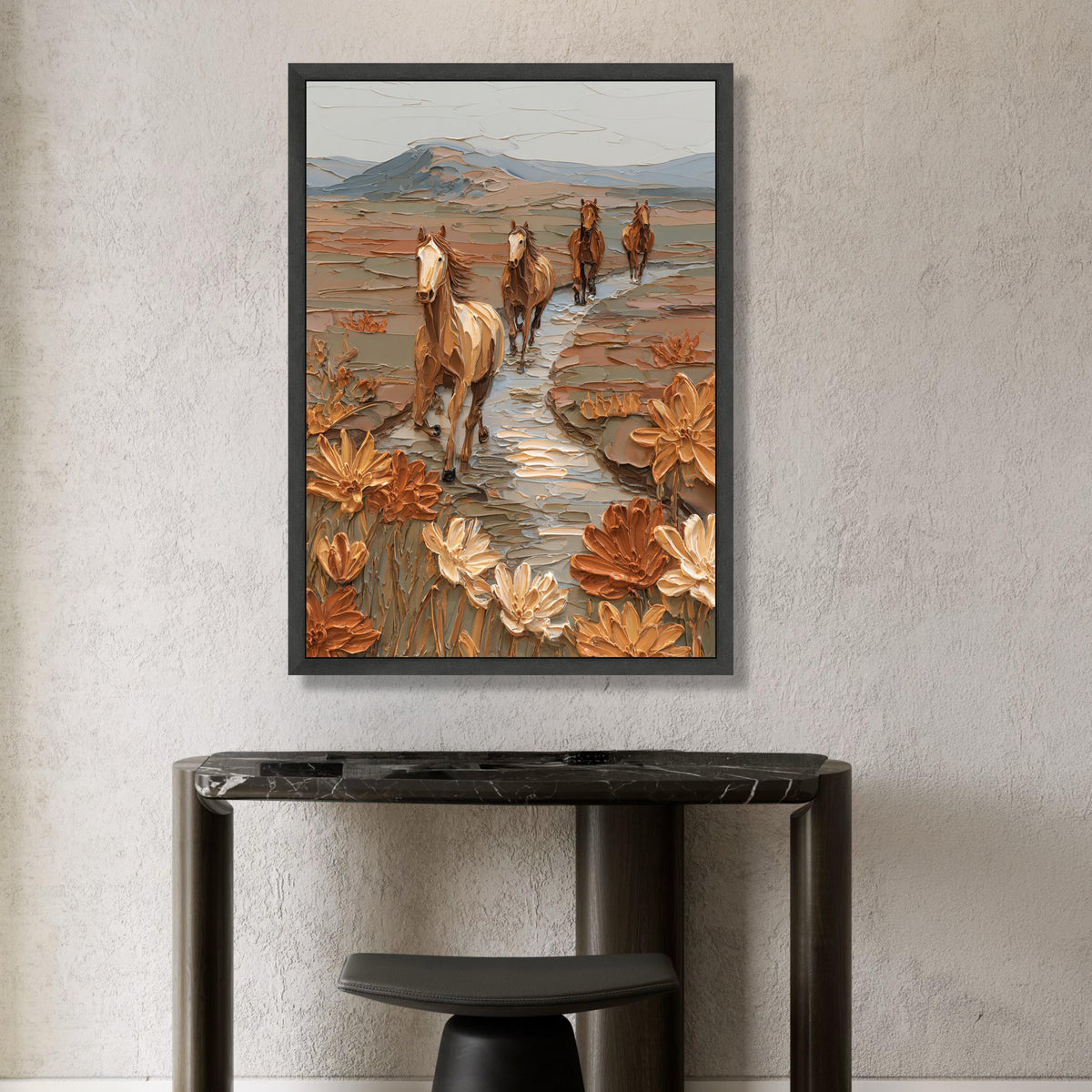 Wild Horses Running Canvas Wall Art, Desert Landscape Painting, Floral Nature Canvas, Western Rustic Home Decor, Ready to Canvas Print Art