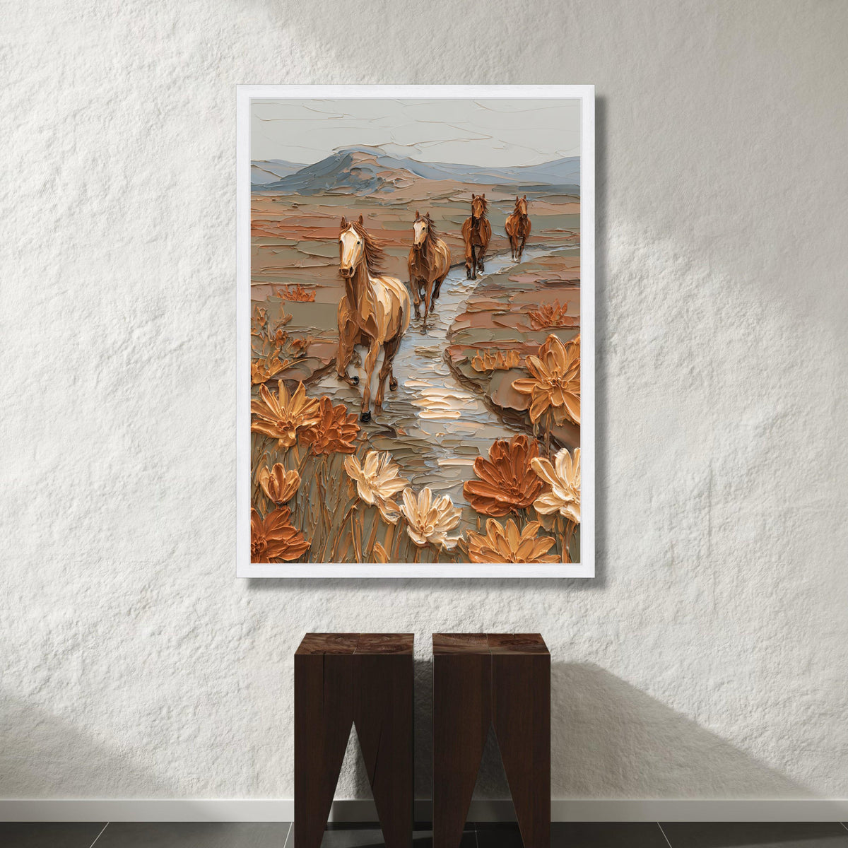 Wild Horses Running Canvas Wall Art, Desert Landscape Painting, Floral Nature Canvas, Western Rustic Home Decor, Ready to Canvas Print Art