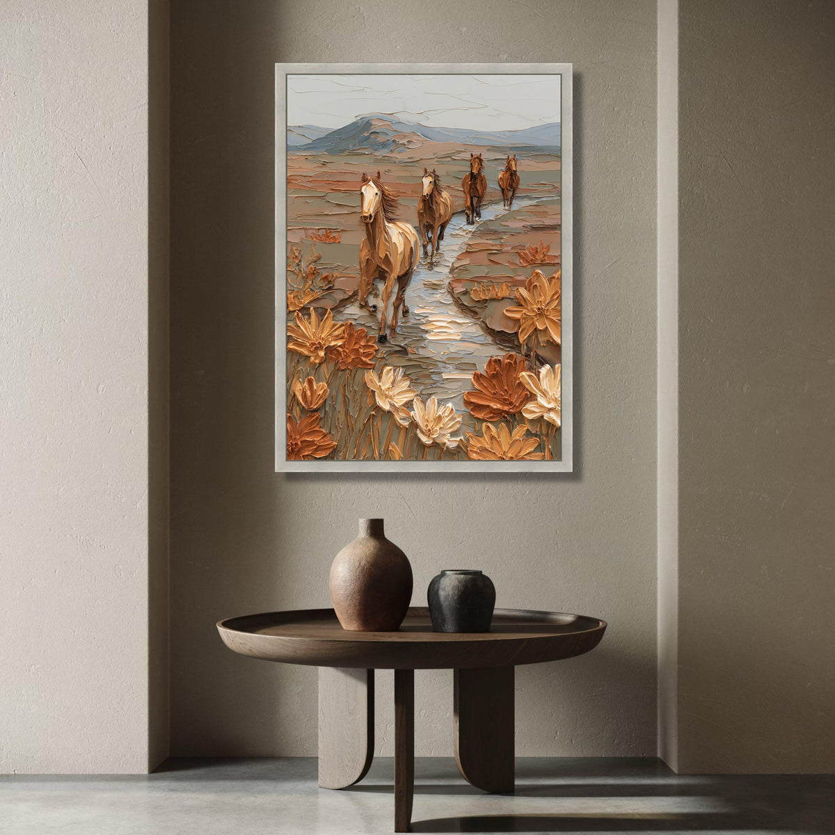 Wild Horses Running Canvas Wall Art, Desert Landscape Painting, Floral Nature Canvas, Western Rustic Home Decor, Ready to Canvas Print Art