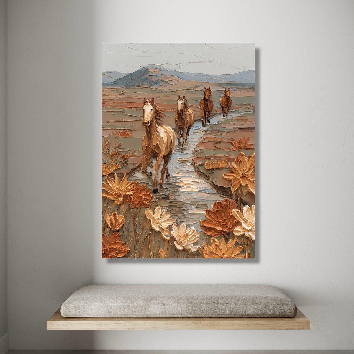 Wild Horses Running Canvas Wall Art, Desert Landscape Painting, Floral Nature Canvas, Western Rustic Home Decor, Ready to Canvas Print Art