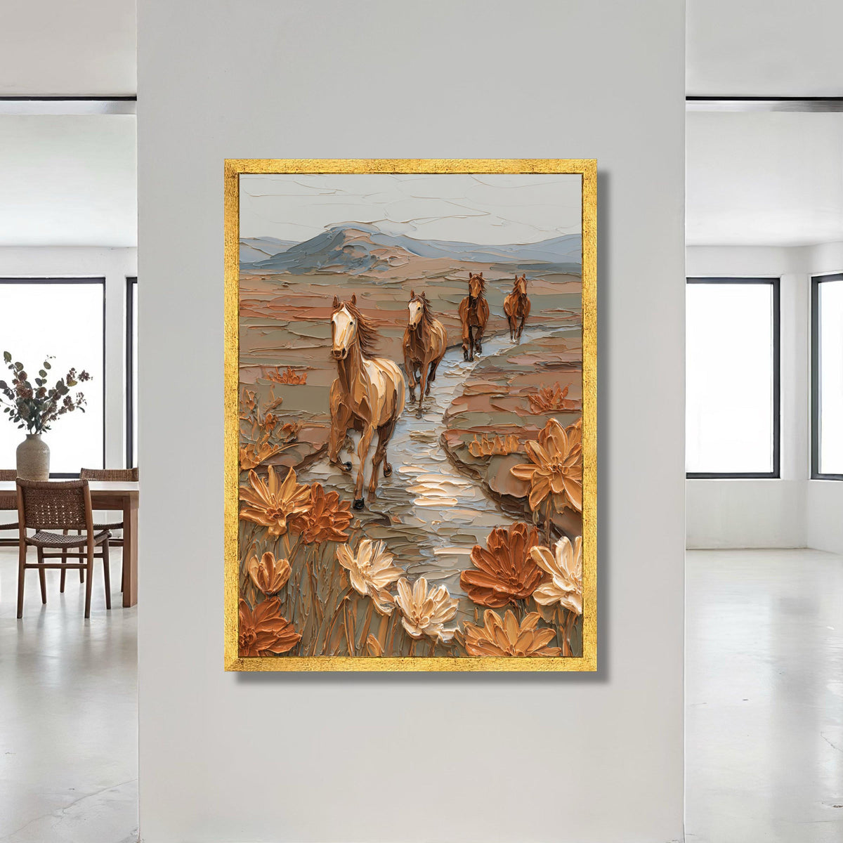 Wild Horses Running Canvas Wall Art, Desert Landscape Painting, Floral Nature Canvas, Western Rustic Home Decor, Ready to Canvas Print Art