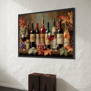 Autumn Wine Collection Canvas, Vineyard Bottles and Glasses, Grapes and Fall Leaves Wall Art, Rustic Wine Lover Decor, Canvas Print Art