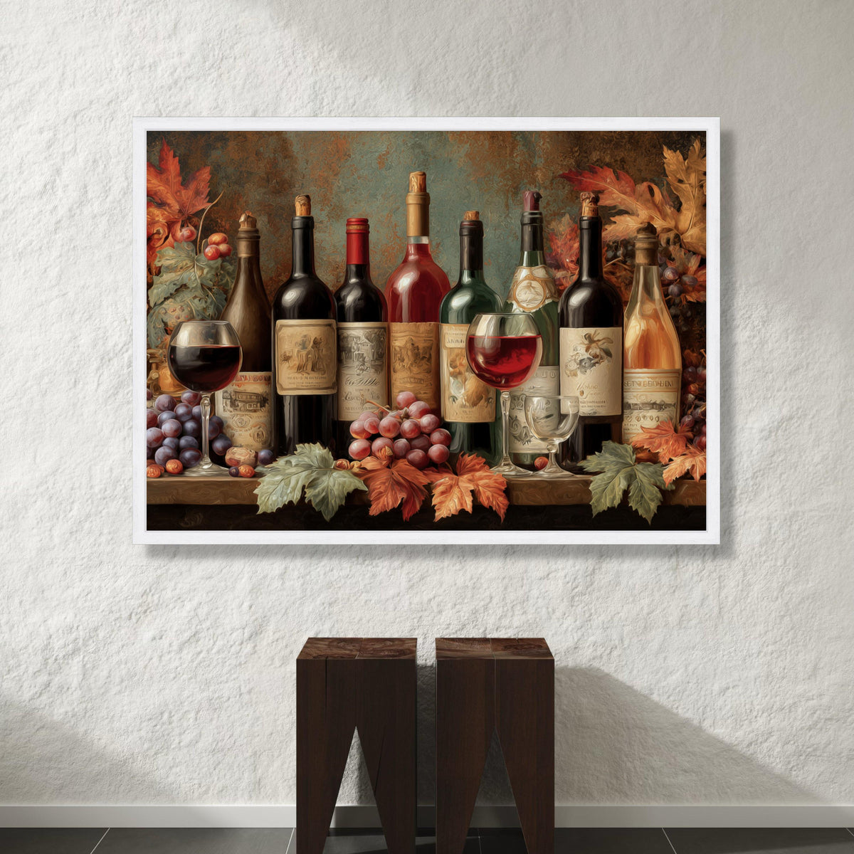 Autumn Wine Collection Canvas, Vineyard Bottles and Glasses, Grapes and Fall Leaves Wall Art, Rustic Wine Lover Decor, Canvas Print Art