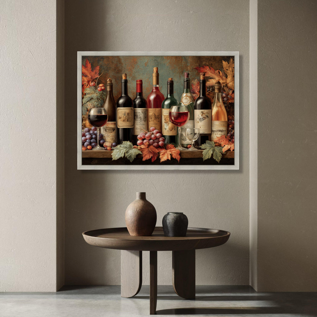 Autumn Wine Collection Canvas, Vineyard Bottles and Glasses, Grapes and Fall Leaves Wall Art, Rustic Wine Lover Decor, Canvas Print Art