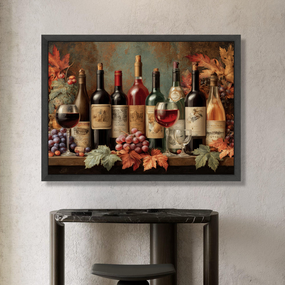 Autumn Wine Collection Canvas, Vineyard Bottles and Glasses, Grapes and Fall Leaves Wall Art, Rustic Wine Lover Decor, Canvas Print Art