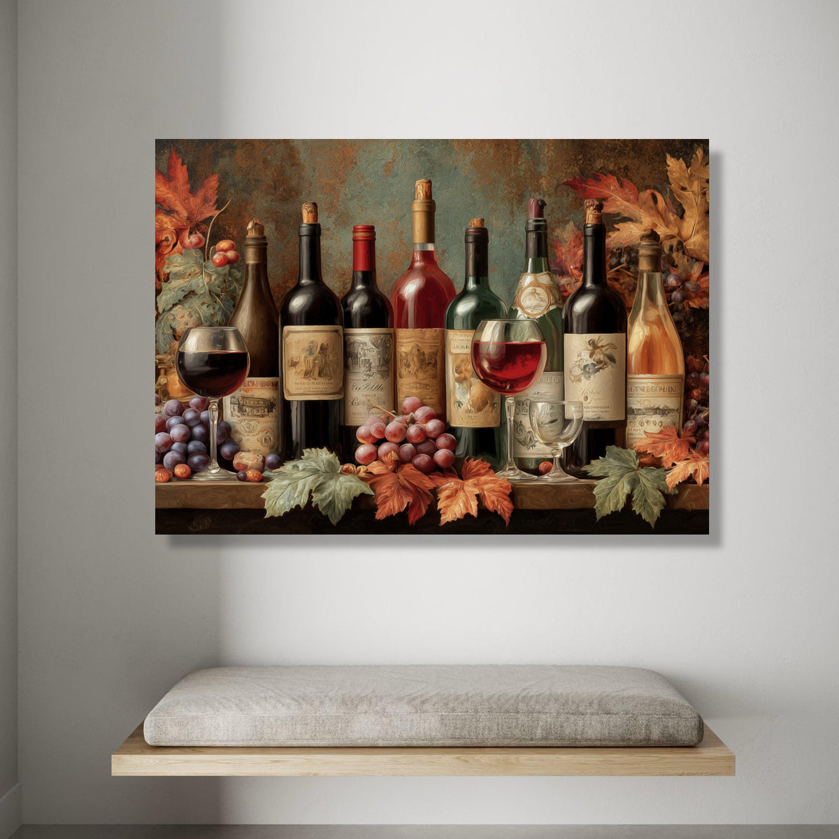 Autumn Wine Collection Canvas, Vineyard Bottles and Glasses, Grapes and Fall Leaves Wall Art, Rustic Wine Lover Decor, Canvas Print Art