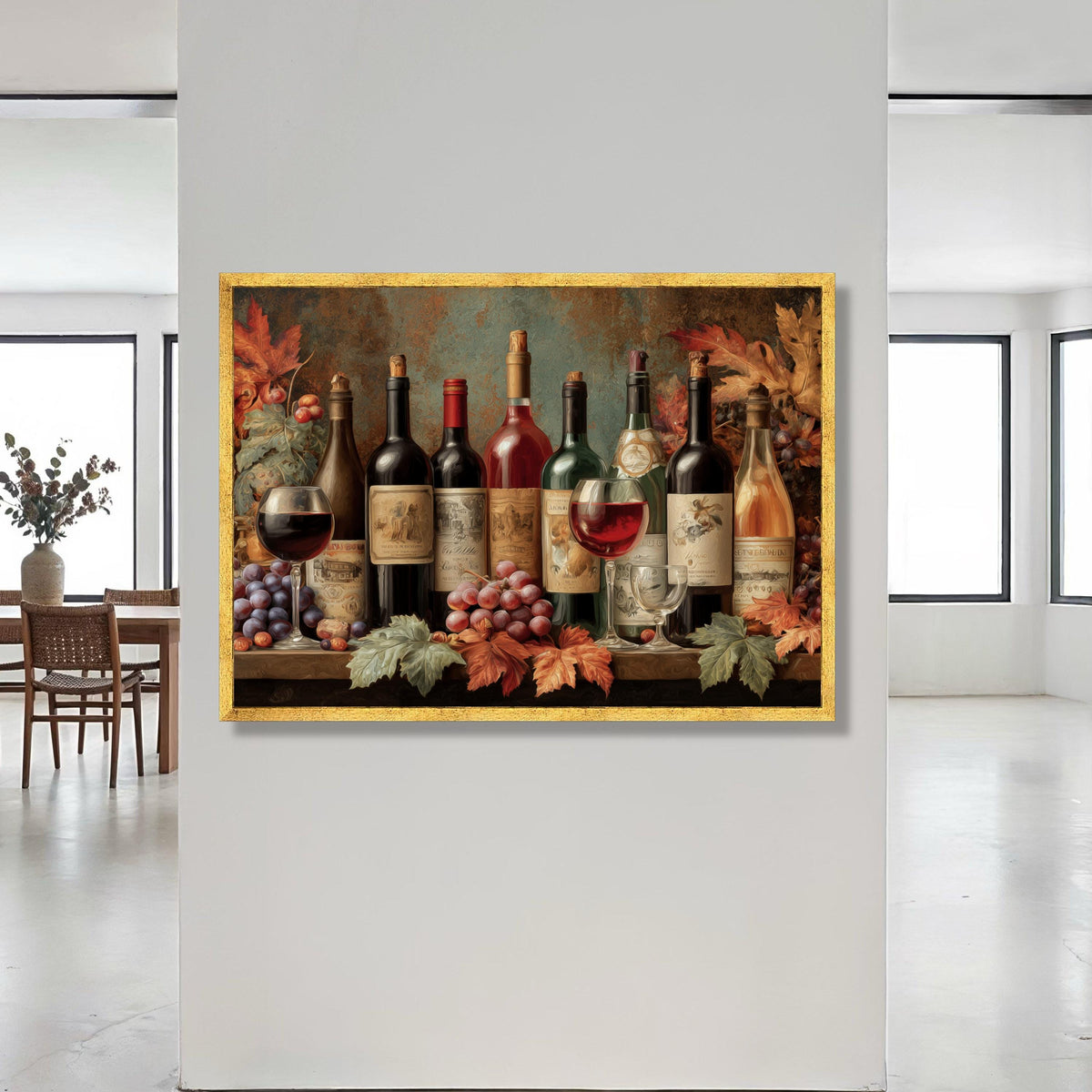 Autumn Wine Collection Canvas, Vineyard Bottles and Glasses, Grapes and Fall Leaves Wall Art, Rustic Wine Lover Decor, Canvas Print Art