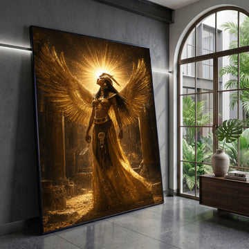 Egyptian Goddess Canvas Wall Art, Golden Winged Woman, Ancient Egypt Decor, Mythical Figure Canvas, Spiritual Home Canvas Print Art