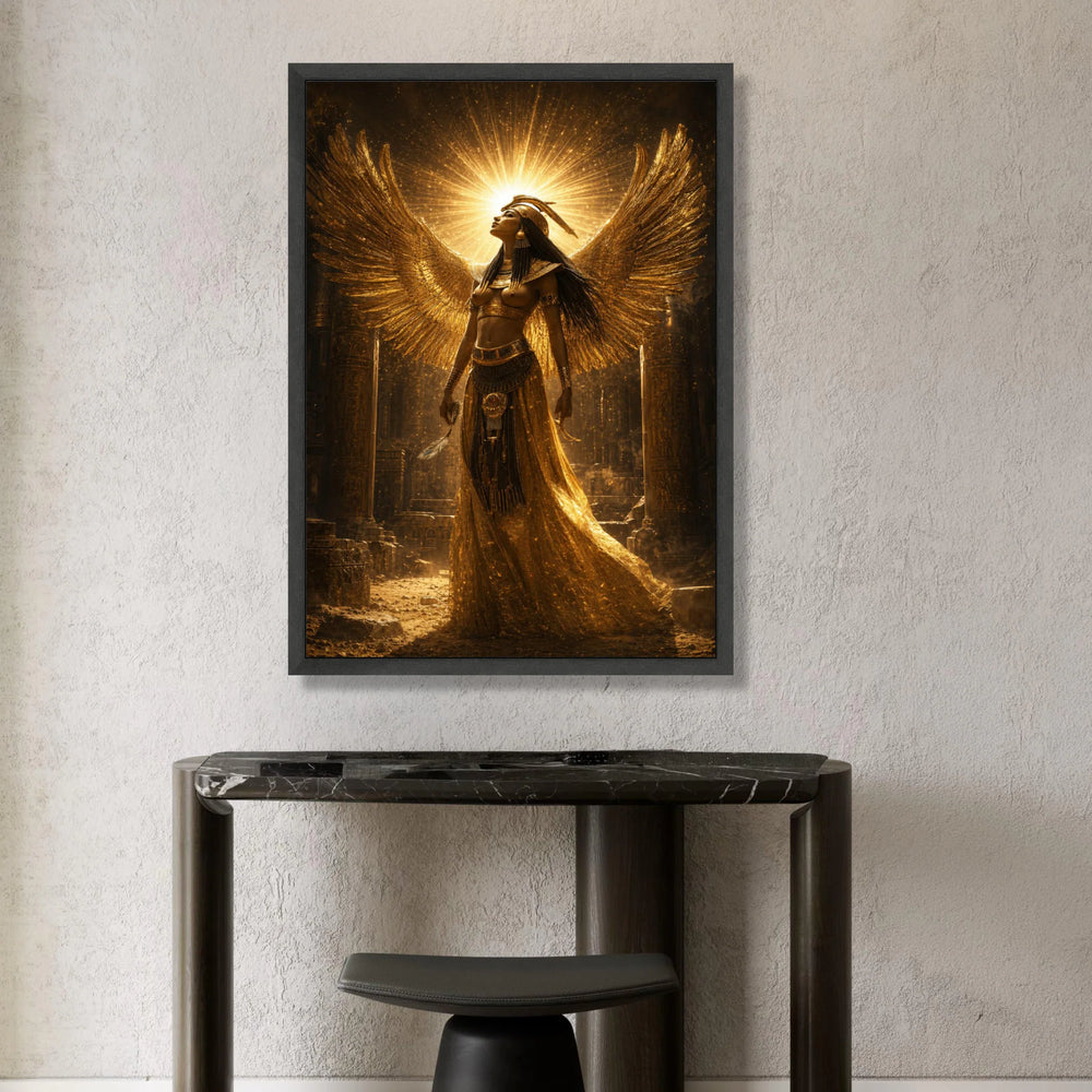 Egyptian Goddess Canvas Wall Art, Golden Winged Woman, Ancient Egypt Decor, Mythical Figure Canvas, Spiritual Home Canvas Print Art