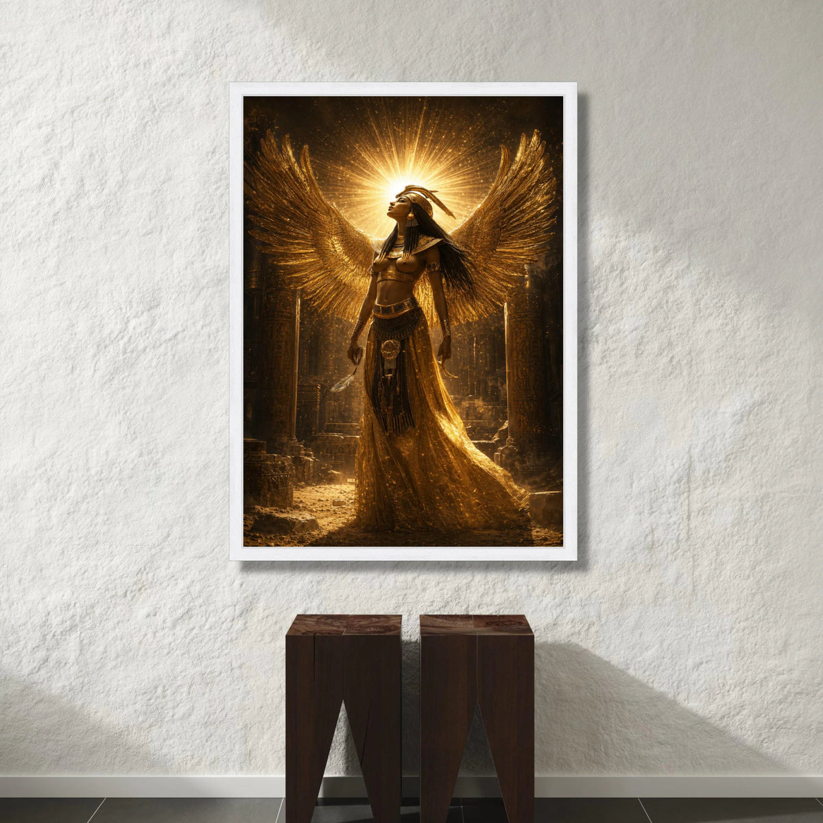 Egyptian Goddess Canvas Wall Art, Golden Winged Woman, Ancient Egypt Decor, Mythical Figure Canvas, Spiritual Home Canvas Print Art