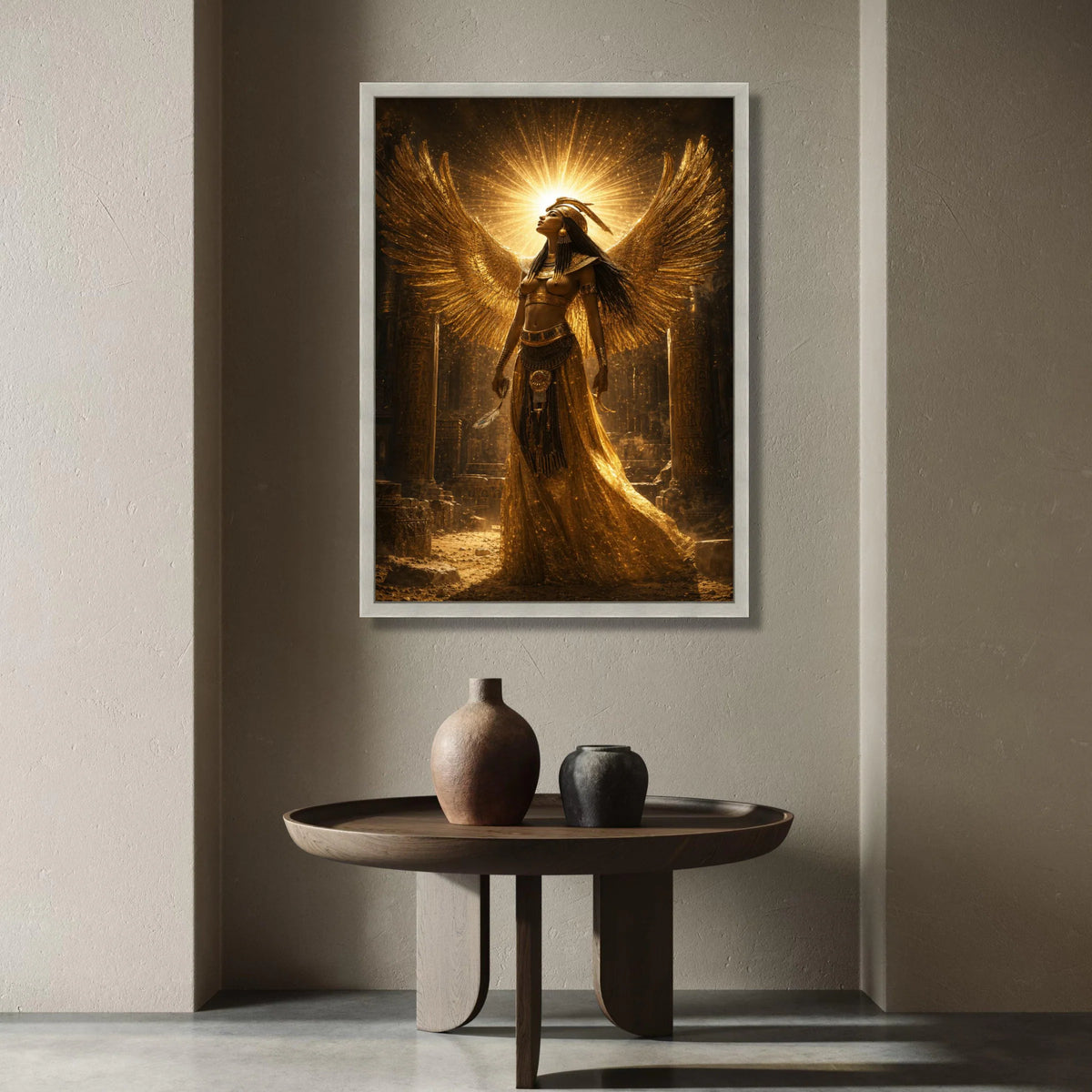 Egyptian Goddess Canvas Wall Art, Golden Winged Woman, Ancient Egypt Decor, Mythical Figure Canvas, Spiritual Home Canvas Print Art