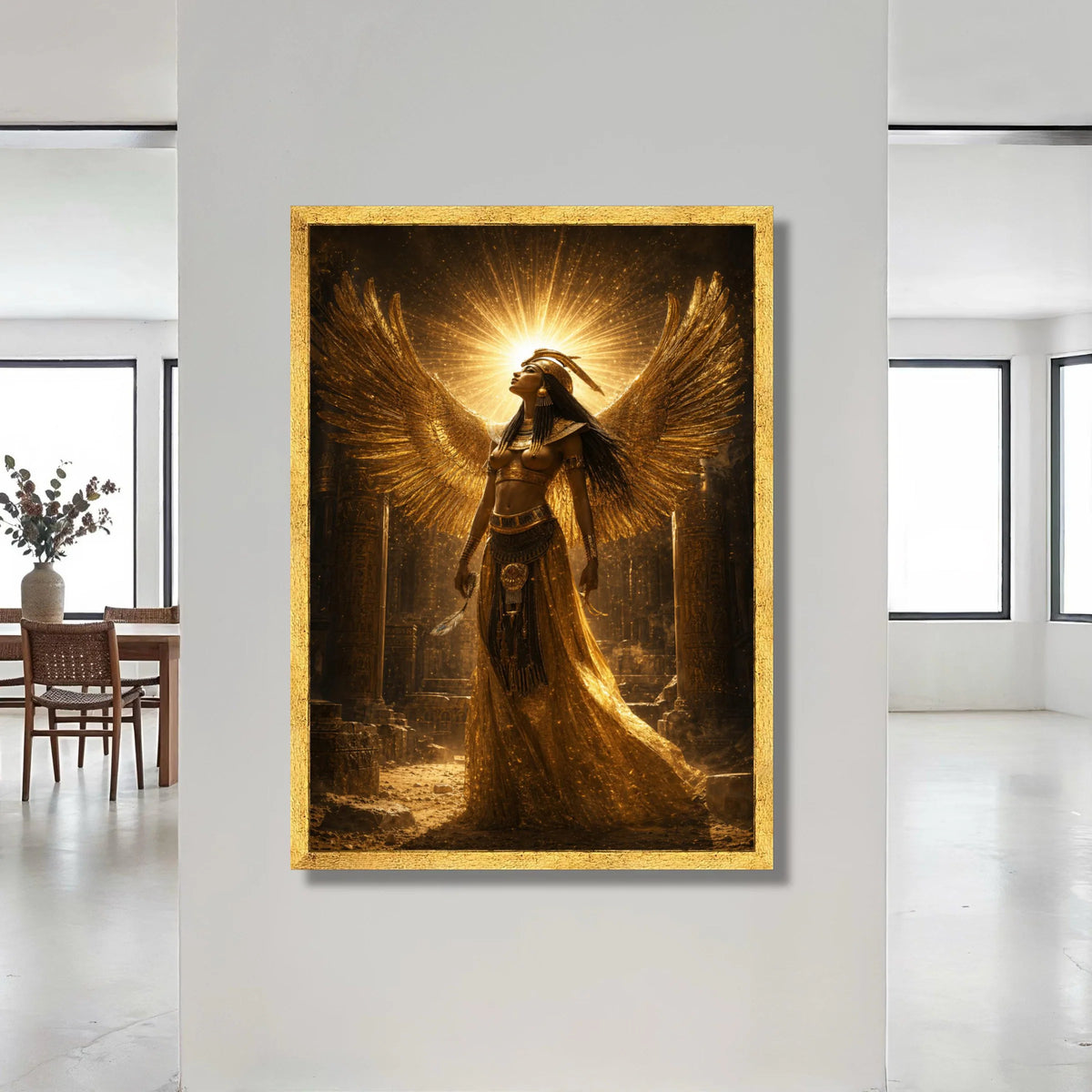 Egyptian Goddess Canvas Wall Art, Golden Winged Woman, Ancient Egypt Decor, Mythical Figure Canvas, Spiritual Home Canvas Print Art
