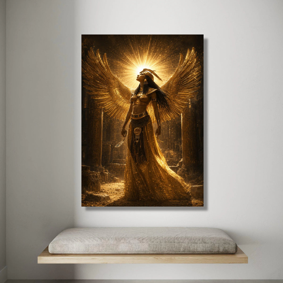 Egyptian Goddess Canvas Wall Art, Golden Winged Woman, Ancient Egypt Decor, Mythical Figure Canvas, Spiritual Home Canvas Print Art