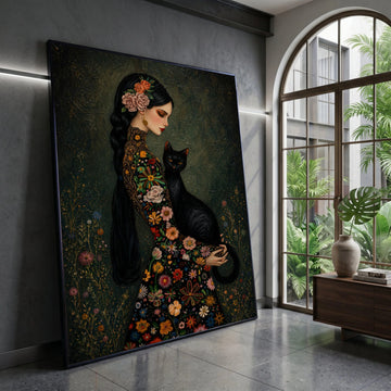 Elegant Woman with Black Cat, Floral Dress Canvas, Vintage Style Portrait, Garden Flower Wall Art, Decorative Home Canvas Canvas Print Art