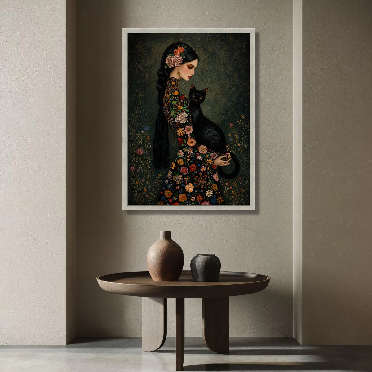 Elegant Woman with Black Cat, Floral Dress Canvas, Vintage Style Portrait, Garden Flower Wall Art, Decorative Home Canvas Canvas Print Art