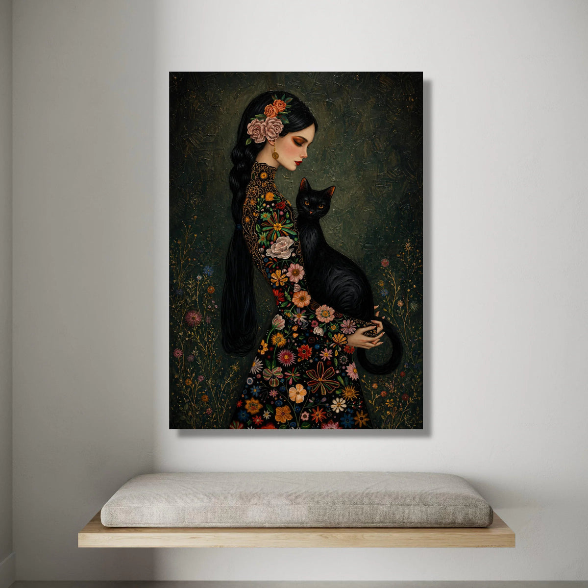 Elegant Woman with Black Cat, Floral Dress Canvas, Vintage Style Portrait, Garden Flower Wall Art, Decorative Home Canvas Canvas Print Art