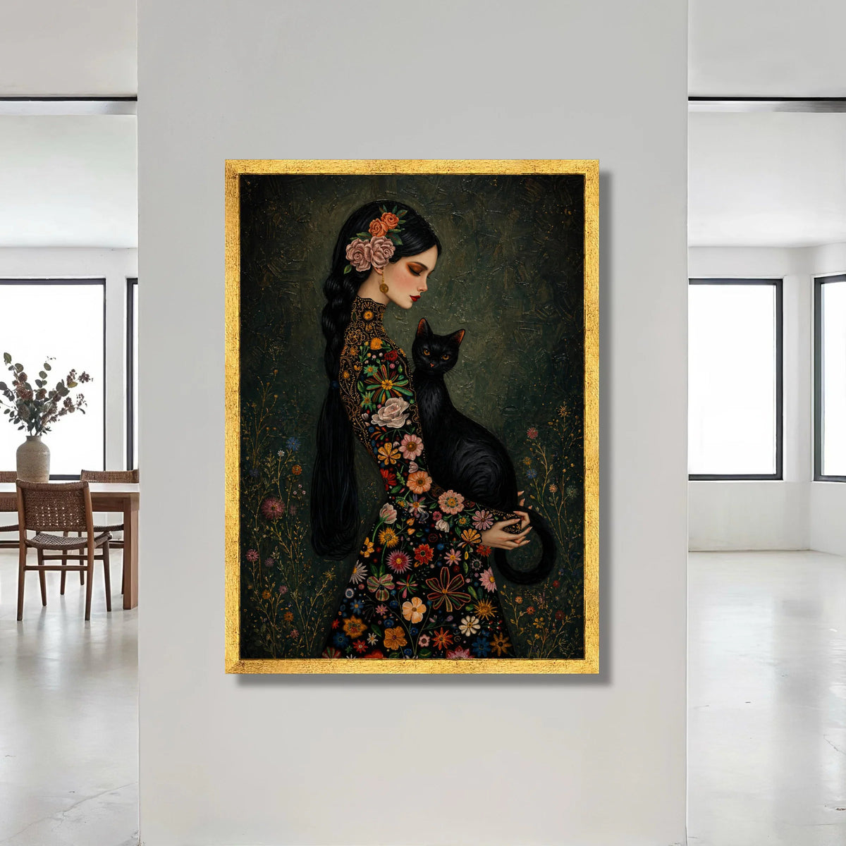 Elegant Woman with Black Cat, Floral Dress Canvas, Vintage Style Portrait, Garden Flower Wall Art, Decorative Home Canvas Canvas Print Art