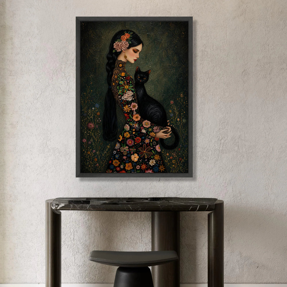 Elegant Woman with Black Cat, Floral Dress Canvas, Vintage Style Portrait, Garden Flower Wall Art, Decorative Home Canvas Canvas Print Art